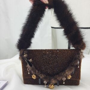 Mitchie's Silk Beaded Brown Purse Handbag Fur Strap with Charms